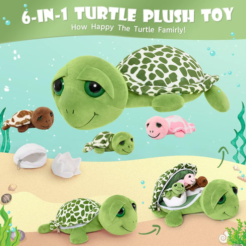 14'' Mommy 3 2 Tummy, MorisMos Sea Turtle Stuffed Animal with Babies, Stuffed Turtle with Babies & Plush Eggs