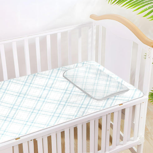 SyXIOP 28" 52" Blue and White Checkered Pattern Cooling Baby Fitted Crib Mattress x Absorbent Crib Bumper Pads