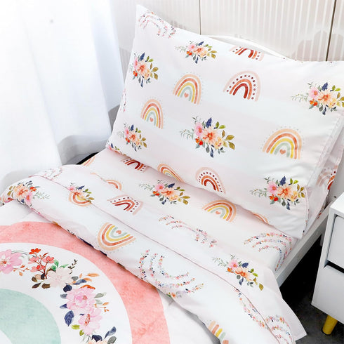 Sets Set 4 Set Toddler Bedding for Girls, Rainbow Toddler Crib Bedding Piece Pink Floral Toddler Comforter Includes