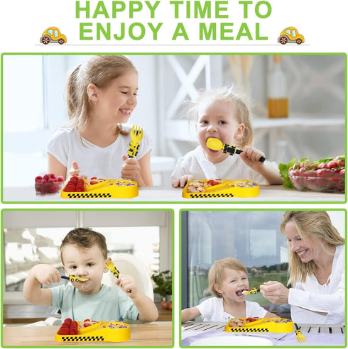 Construction Toddler Plates - Toddler Eating Utensil Set with Removable Straw, Baby Plates Feeding Set for Toddler