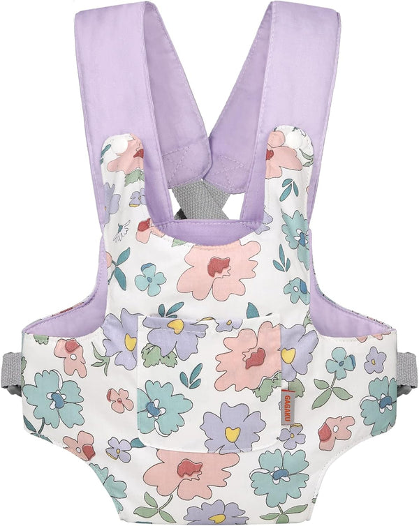 GAGAKU Baby Doll Carrier for Kids, Reborn Baby Carrier with Adjustable Straps for American Girl Doll - Purple (Flowers)