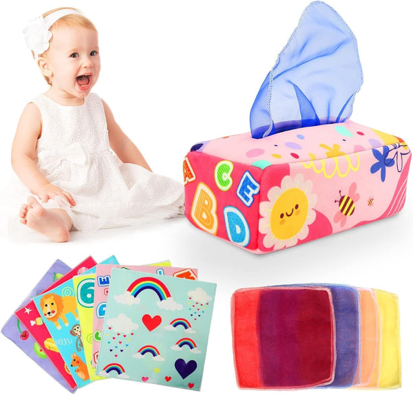 Baby Toys for 6 to 12 Months, Montessori Tissue Box Toys, Soft High Contrast Crinkle Infant Sensory Gifts