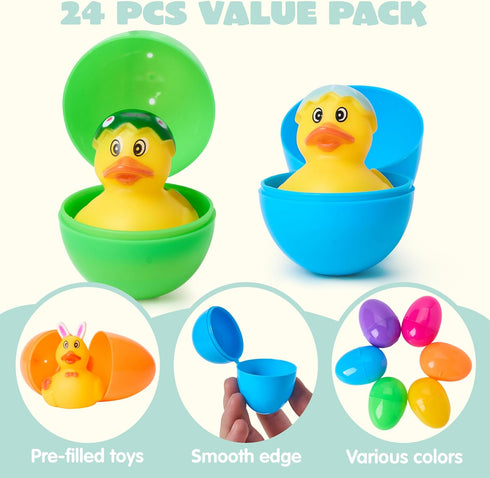 24 JOYIN Pcs Prefilled Easter Eggs with Rubber Ducks, Variety Duckies for Easter Egg Hunt, Kids Basket Stuffer, Bath