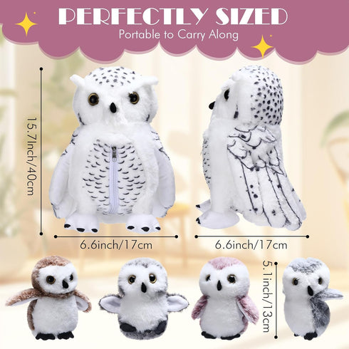 Hollowfly 5 Set 15.7" Mommy 4 Set Pcs Owls Plush Toy Gift White Owls with Cute Babies Stuffed Animal in Zippered Belly