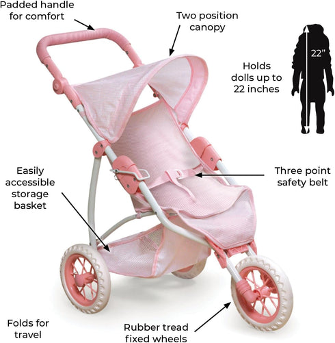 Badger Basket Toy Doll Folding Three Wheel Stroller for 22 inch Dolls - Pink/Gingham