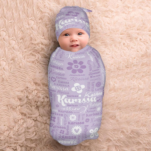 YallLocoMo Personalized Baby Swaddle Blanket for Boys Girls Purple Flower Name Text Custom Name Receiving Blanket