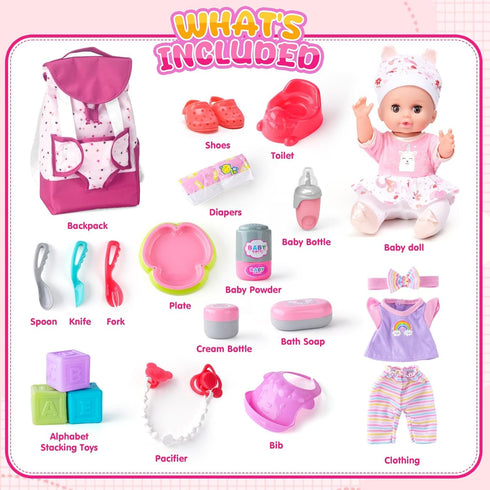 Set, Set 3-5 6-12, Playset, 5 Toy(Backpack) AuntyFey Baby Doll with Accessories Baby Dolls for Toddler Girls Baby Doll