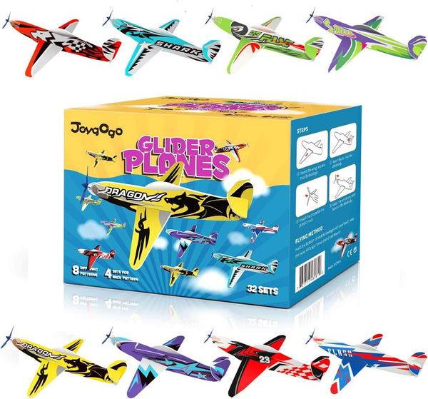 32 Pack Glider Planes, 8" Long Flying Glider Plane, 8 Different Designs, Kids Party Favors for Valentines, Birthday