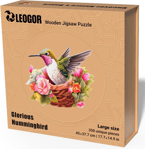 LEOGOR Wooden Puzzles for Adults - Glorious Hummingbird, 350 Piece Large Colorful Mosaic Wood Jigsaws