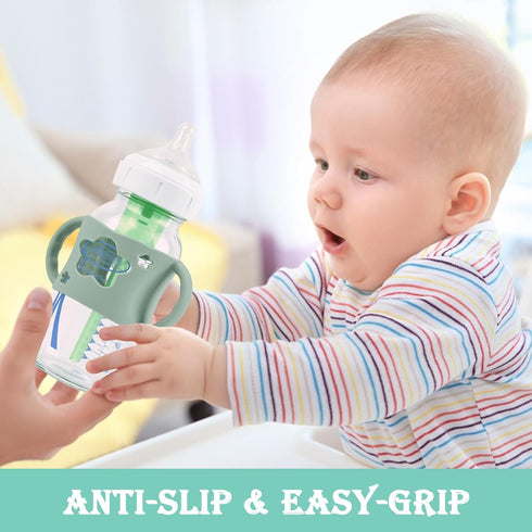 4 Pack Baby Bottle Handles, Silicone Bottle Handles for Dr Brown Wide-Neck Baby Bottles (White+Blue+Green+Grey)