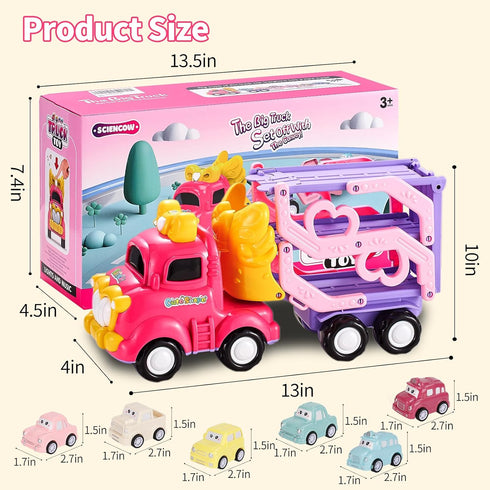 Sciencow 1 2 3 4 5 Old,7-in-1 1-3 3-5 Toddler Girls Cars for Year Pink Princess Foldable Transport Carrier Trucks