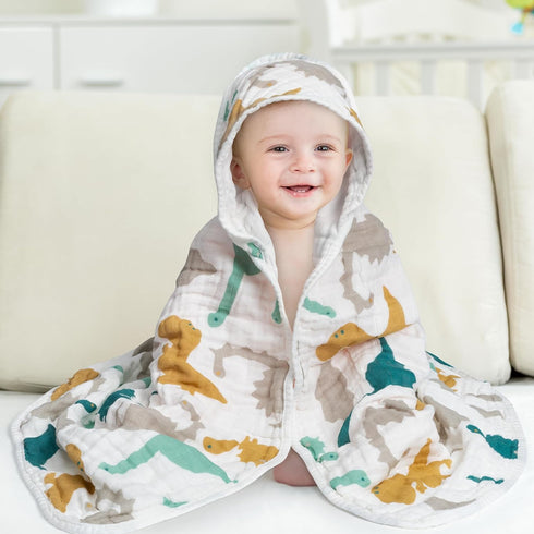 2Pcs Set 31.5 31.5 Zainpe Muslin Baby Hooded Towel Dinosaurs Pattern Soft Cotton Absorbent Bath Towel Blanket