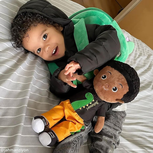 OUOZZZ 15" Soft Baby Doll for Boys Girls - African American Rag Doll, Cuddle Buddy Dinosaur Plush Toy for Kids