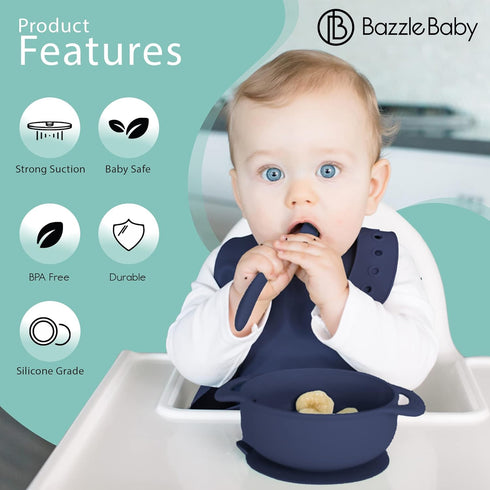 Bazzle Baby 3-Piece Silicone Suction Bowls Set with Lid and Spoon, BPA Free, Perfect for 4-36 Months