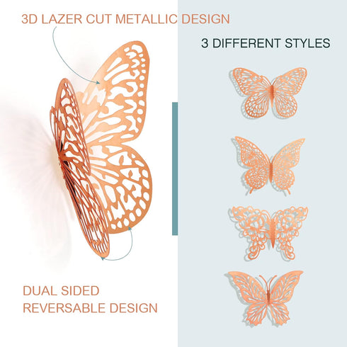 3D Gold Butterfly Wall Decor, 4 Styles 3 Sizes Removable Stickers for Party Decorations, Cake Decor, Metallic Kids Room