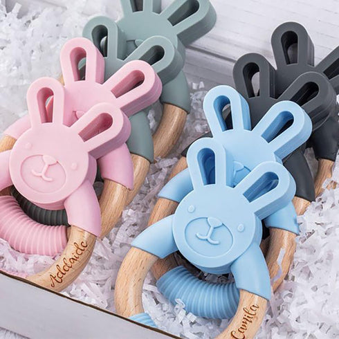 Personalized Wooden Bunny Silicone Teething Ring, Custom Engraved Bunny Silicone Teether with Name Teething Toys