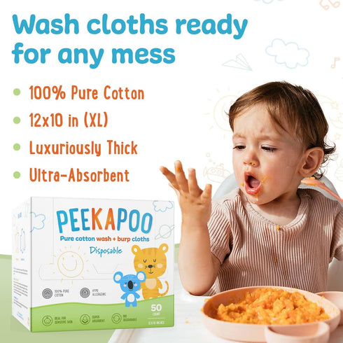 (50 Pack), Peekapoo - Disposable Cotton Wash Cloths Biodegradable, Soft, Thick, Baby Burp Cloths, Unscented