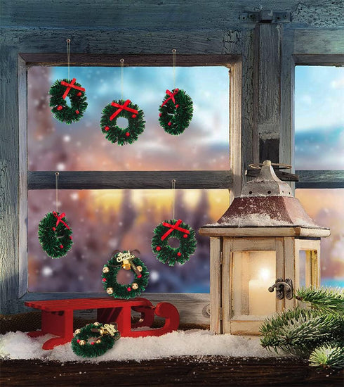 10 Pieces Mini Artificial Christmas Wreaths Ornaments - Dollhouse Miniature Christmas Wreath for Door, Windows, Tree