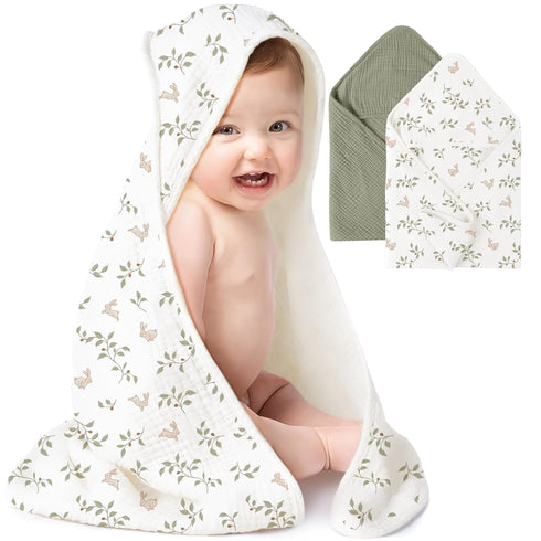 Konssy 2-Pack Muslin Hooded Baby Towels, 100% Cotton, Ultra-Soft & Absorbent Baby