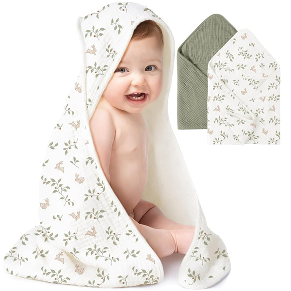 Konssy 2-Pack Muslin Hooded Baby Towels, 100% Cotton, Ultra-Soft & Absorbent Baby