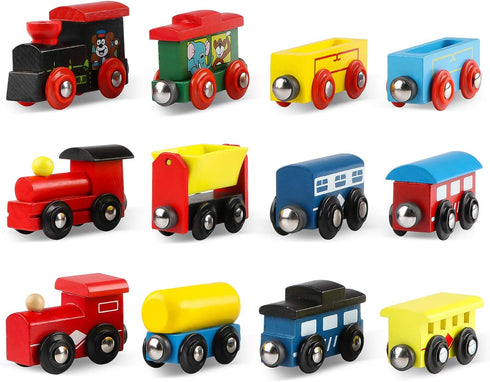 12 Set 3 Sets Set Joqutoys PCS Wooden Train Cars, Train Toys Magnetic Includes Engines and Storage Bag, Toy Train