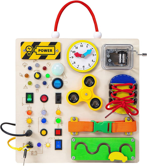 GNAYUIJ 1 2 3 1+ Busy Board Montessori Toys for Years Old Toddler,Wooden Sensory Educational Fidget Board Toy with Led