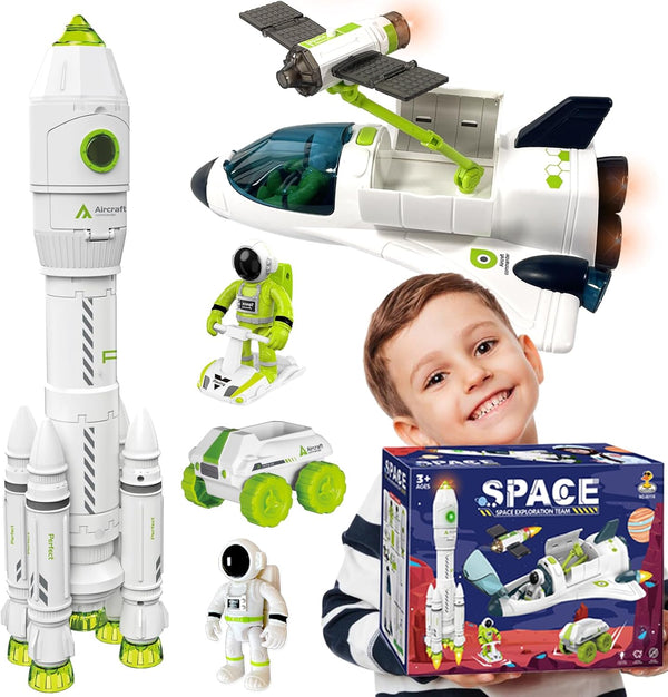Space Rocket Shuttle Toy Set - Spacecraft Airplane Toys with Lights, Sound & Astronaut Figures for Kids