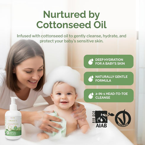 8.5 oz Organyc Baby Shampoo & Body Wash with Skin-Nurturing Cotton Seed Oil, Gentle Kids Body Wash, Naturally
