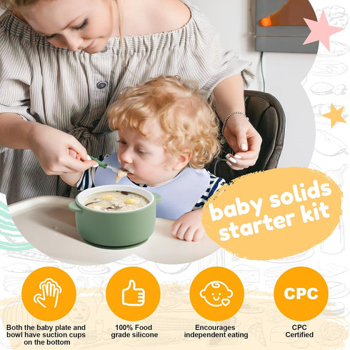 9 Set Teenyyou Pcs Porcelain Kids Plates and Bowls Feeding with Suction, Ceramic Baby Toddler Divided Plates Silicone