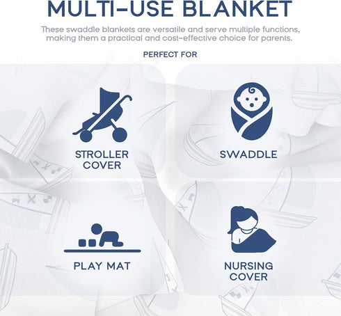 Muslin Swaddle Blanket, Nautical Receiving Blanket, Soft and Breathable, 47" x 47", Wrap for Baby Boys and Girls