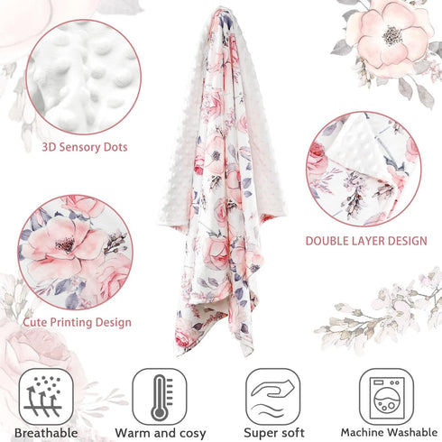 Baby Blanket for Girls, Super Soft Double Layer Minky with Dotted Backing, Floral Design, 30 X 40 Inches