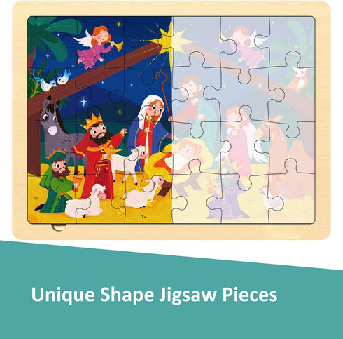 Nativity Scene Kids 24 Piece Puzzle for 3 Year Old, Unique Shape Jigsaw Pieces Christmas Wooden Jigsaw Puzzles for Toddlers Ages 3-5, Preschooler Puzzles with Wooden Puzzle Tray