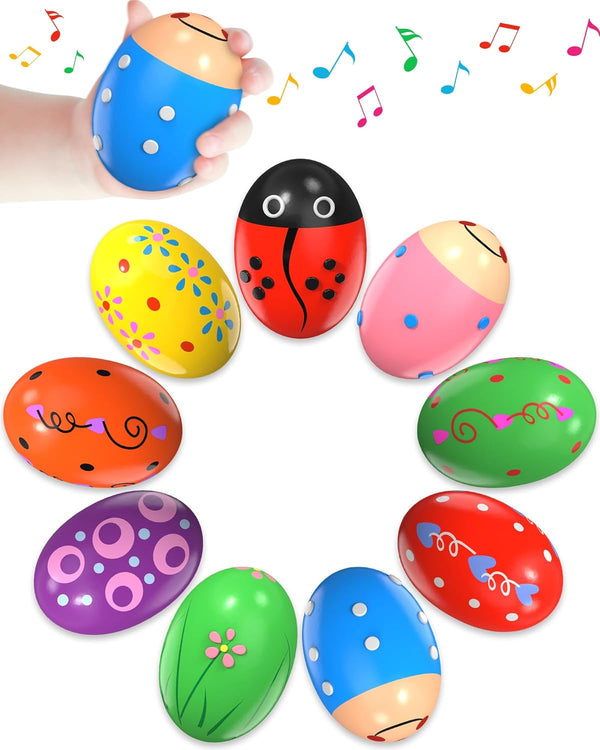 9 Pack Wooden Percussion Musical Shake Easter Eggs with Toys Inside, Montessori Gifts for Kids Ages 3-5