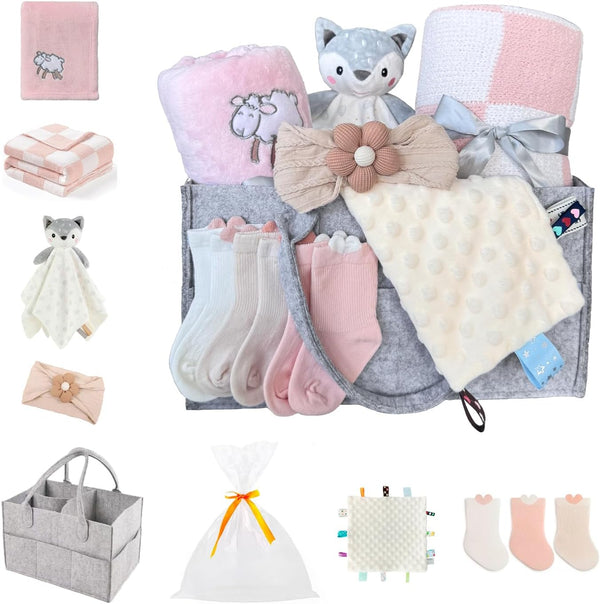 CREVENT Gift Set for Girls -Diaper Caddy Organizer Basket with 2 Blankets,