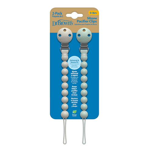 0-18 2-Pack Dr. Brown's Silicone Pacifier Clips, Universal Fit Strap for Pacifiers, Green/Gray, BPA Free, Months