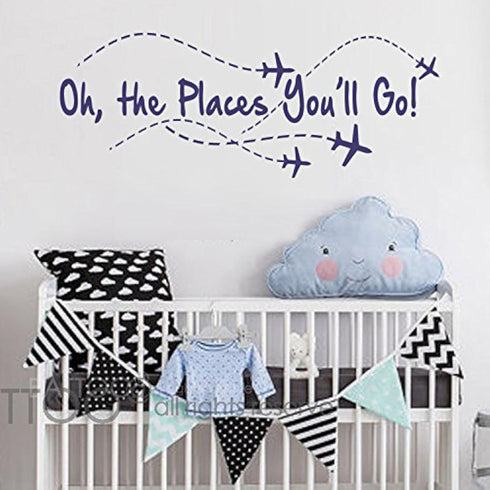BATTOO Airplane Wall Decal - Oh The Places You'll Go Pilot Quote for Boy & Girl Decor (Navy Blue)