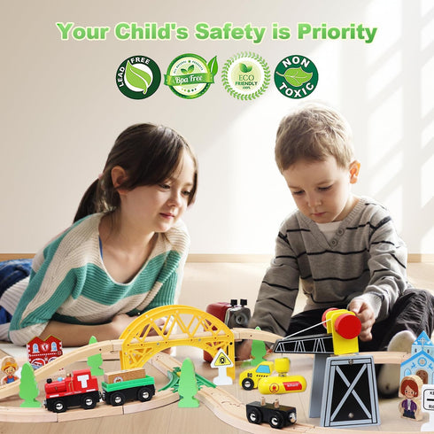 TOY Life Train Set 60pcs Wooden Train Set with Crane, Tracks for Toddlers 3-5, Fits Thomas Brio Melissa