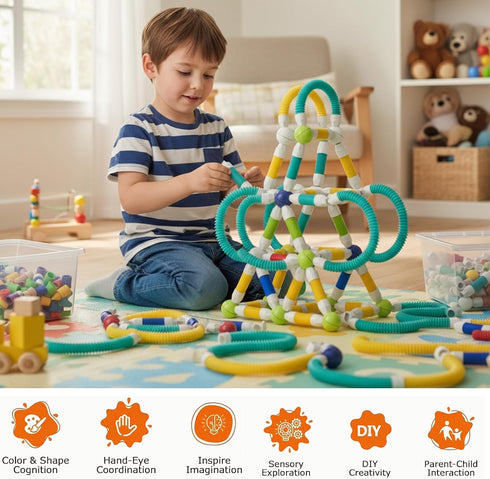 CLNENSOO 85PCS 3+ Extendable Magnetic Toy Montessori Toys for Boys & Girls,STEM Education Building Blocks,Pop Tubes