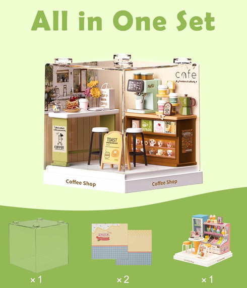 Set Mini Cafe Shop Dollhouse Kit - Charming Coffee Shop Building for Adults, Relaxing DIY Crafts & Miniature Gardening