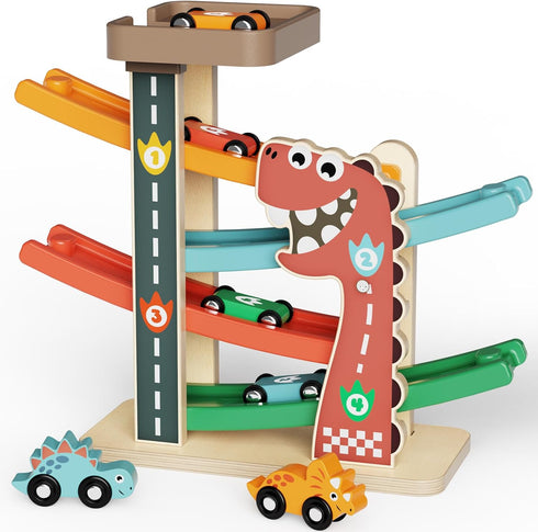 1 2 3 6 1-3 Montessori Car Ramp Toy for Toddlers Year Old Wooden Dinosaur Race Track with Cars & Parking Garage Kids