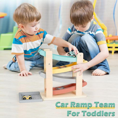 1 2 4 1-3-2-4 Vanplay Car Ramp Toys for One Year Old Boy Birthday Gifts, Wooden Montessori Toys for Year Old, Race