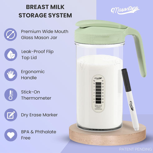 24oz Masontops Breast Milk Storage Kit - Airtight Mason Jar with Handle, Marker & Stick-on Thermometer for New Moms