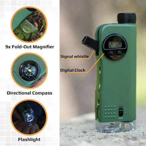 Carson X-Scope Kids 7 Function Multi Purpose Optical Pocket Tool with 30x Microscope, 8x Telescope, 9x Fold-Out Magnifier, Flashlight, Signal Whistle, Directional Compass and Digital Clock (CP-11) by Carson