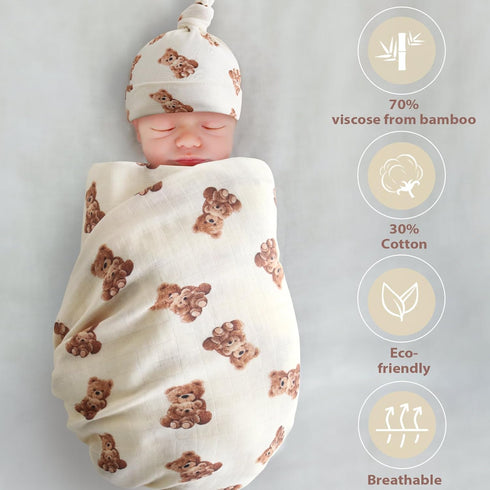 Set LifeTree Muslin Swaddle Blankets, Muslin Baby Swaddle Blanket and Hat with Birth Announcement Card, Newborn Unisex