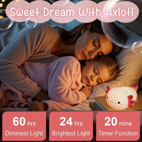 Dimmable YR YRHH-PET Axolotl Cute Night Light, Kids Squishy Rechargeable Axolotl Lamp, Mom Mothers Day Gifts, Girl