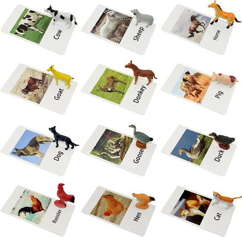 Farm Animal Toys with Flash Cards - 12 Sets of Realistic Figures, Educational Cognitive Toys for Toddlers