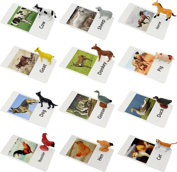 Farm Animal Toys with Flash Cards - 12 Sets of Realistic Figures, Educational Cognitive Toys for Toddlers