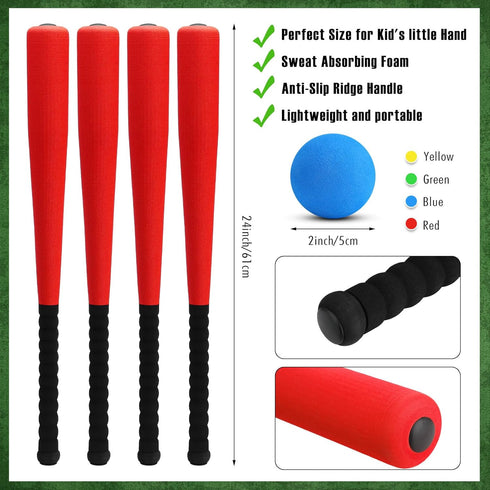 Wettarn 4 Pieces Foam Baseball Bat 24 Inches with 4 Pcs Safe Soft Baseballs T Ball Set for Outdoor Indoor Sport Game