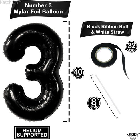 KatchOn Black Number 3 Balloon - Giant 40 Inch for 3rd Birthday Decorations for Boys