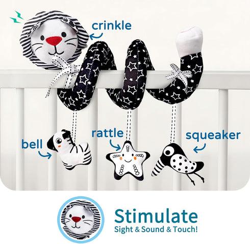 0-6 0+ 6-12 LiKee Spiral Car Seat Toys for Babies Months, Black High Contrast Plush Hanging Baby Stroller Toys, Crib